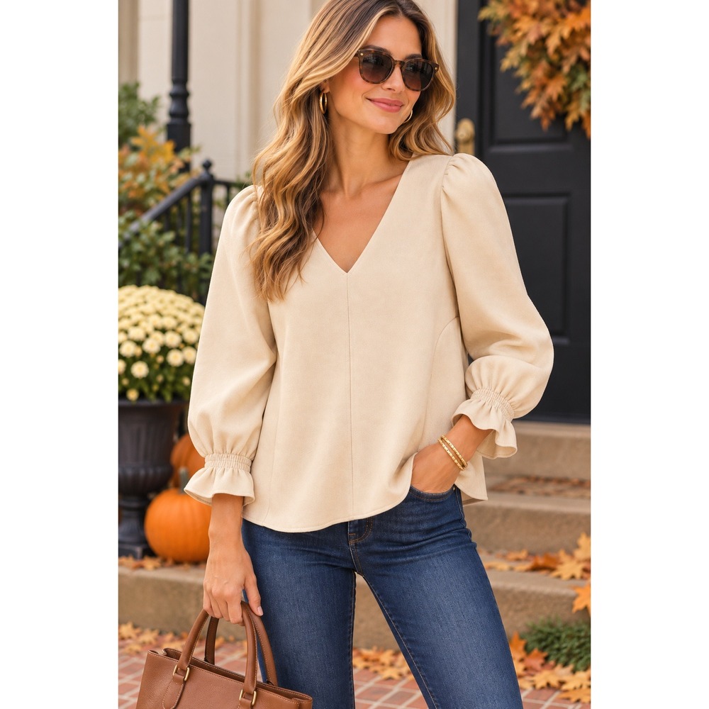 Tuckernuck Bone Faux Suede Puff Sleeve Vneck Blouse (MSRP: $128) XS